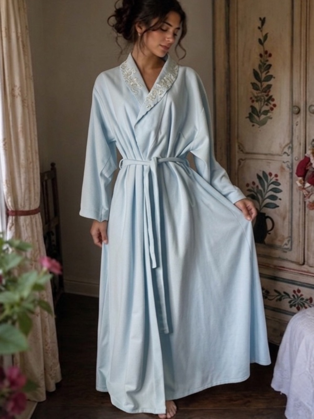 Vintage 1990s Shadowline Blue Eyelet Embroidered Fleece Long Bathrobe Small RARE